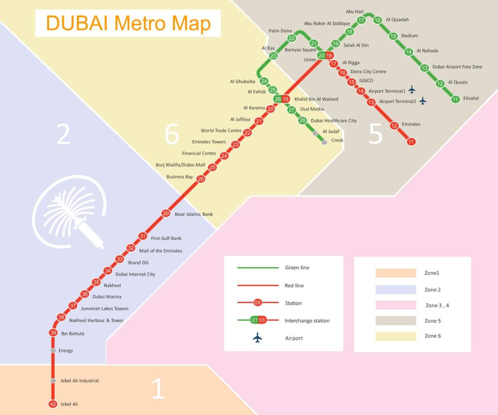 As estações do metrô saindo do aeroporto de Dubai